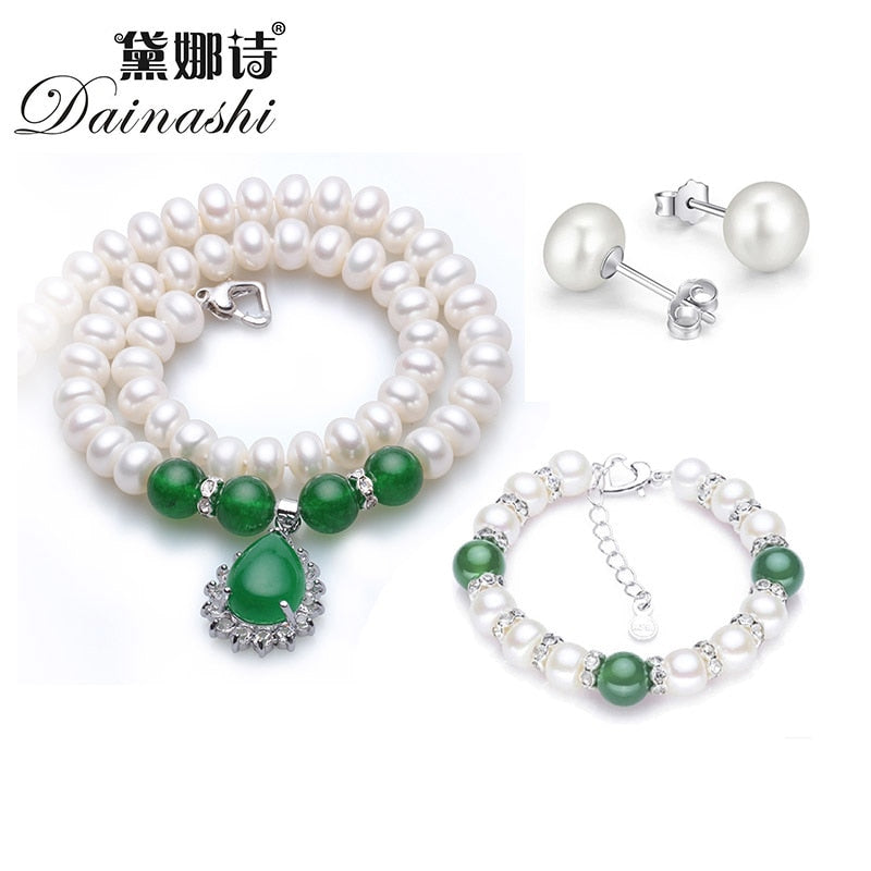new large natural 9-10 mm necklace women's earrings and bracelet sets with pearl green agate for women