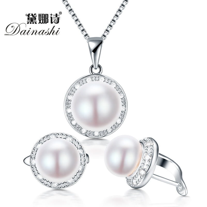 real pearl jewelry set with slide pendant and hoop earring with 925 sterling necklace for women