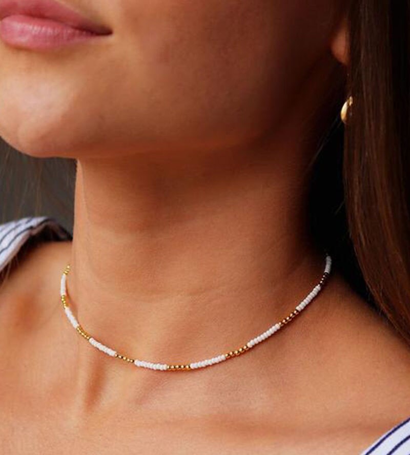 Dainty Beaded Choker  Seed Bead Choker  White and Gold Choker  Gold Beads  Seed Beads  Gold Necklace  White Choke
