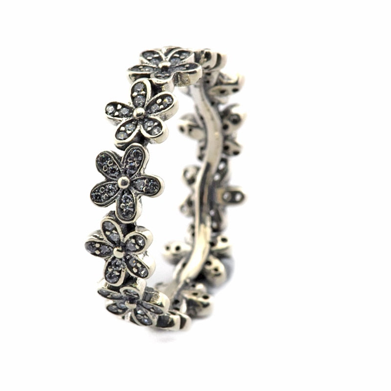 Daisy Silver Rings with Clear CZ 100% 925 Authentic Sterling Silver Fine Jewelry