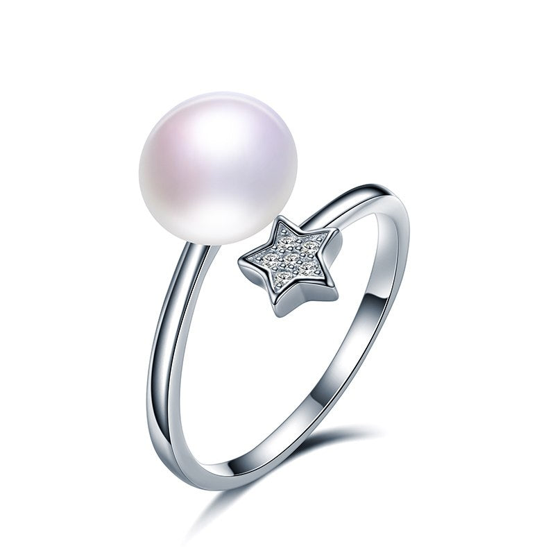 Danashi Natural Pearl Rings Rhinest Star for Women Rings Pearl Silver 925 Jewelry Open cuff Rings for Women