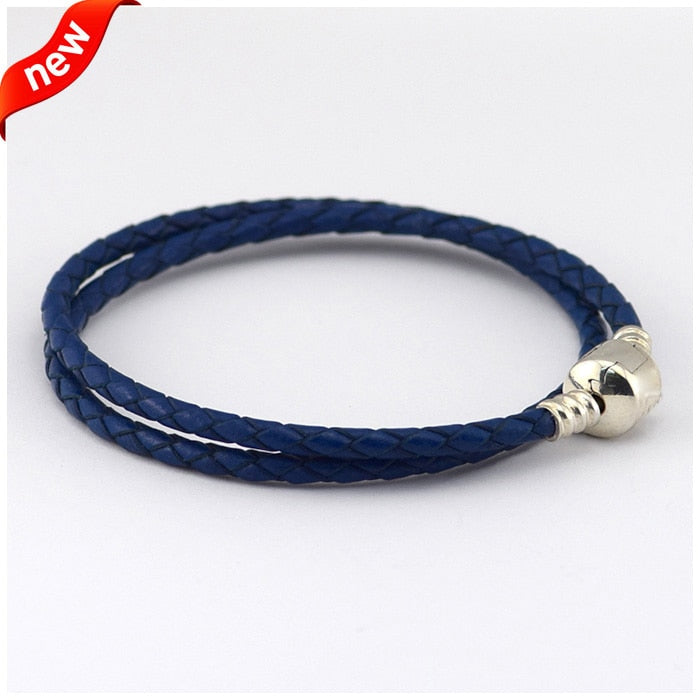 Dark Blue Leather Bracelets 925 Sterling Silver Jewelry