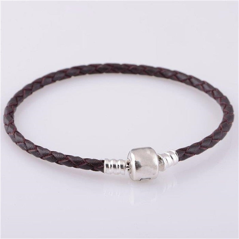 Dark Brown Leather Chain Bracelets for Women Men Gift 100% 925 Sterling Silver Barrel Clasp Charm Beads Bracelet Diy PLE002
