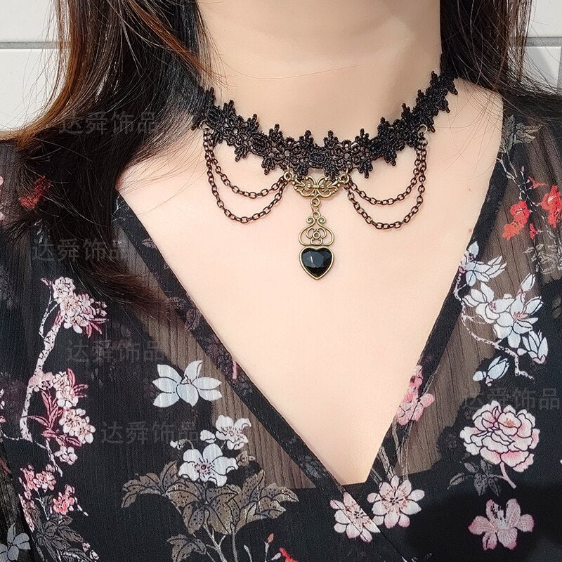 Dark Girl Black Lace Choker Heart Necklace 2021 Harajuku Punk Gothic Sexy Cute Collar love Necklace  Female accessories Jewelry