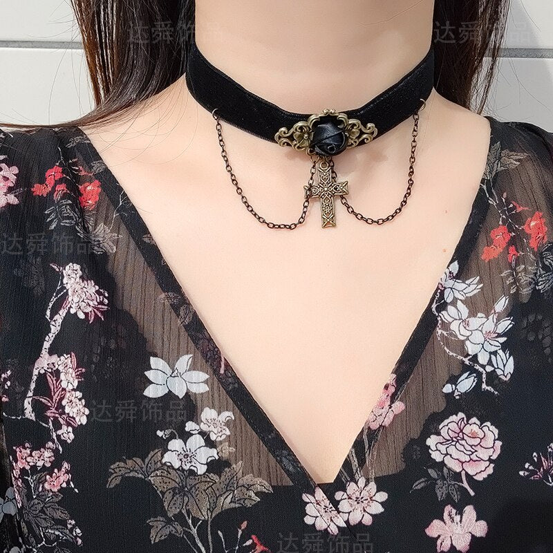 Dark Cherry Skull Necklace | Gothic Punk Adjustable Choker, Valentine's Day Gift
