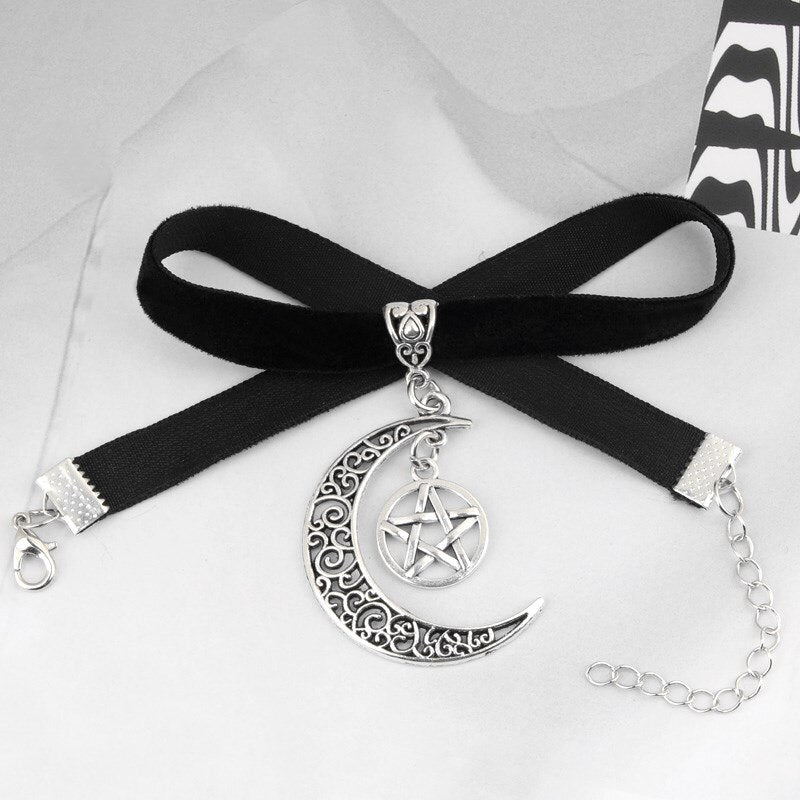 Dark Goth Moon Pentagram Pendant Chokers Necklace Witchy Velvet Necklaces Pagan Witchcraft For Women Mystical Jewelry