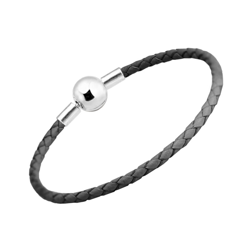Dark Grey Leather Bracelet 100% 925 Sterling Silver Ball Clasp Charm Fit Charm Beads Diy Bracelets for Women PE512