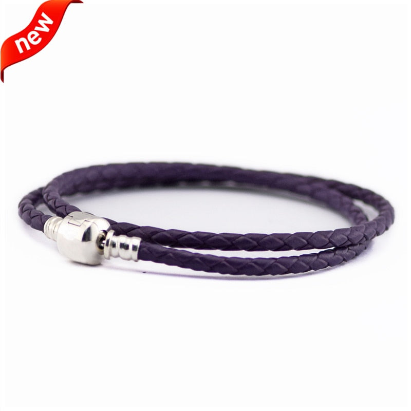 Dark Purple Leather Bracelets 100% 925 Authentic Sterling Silver Jewelry For Women