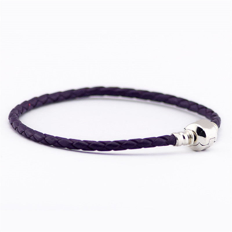 Dark Purple Leather Charm Bracelets for Women 100% 925 Sterling Silver Barrel Clasp Charm Beads Bracelet Diy Fine Jewelry PLE013