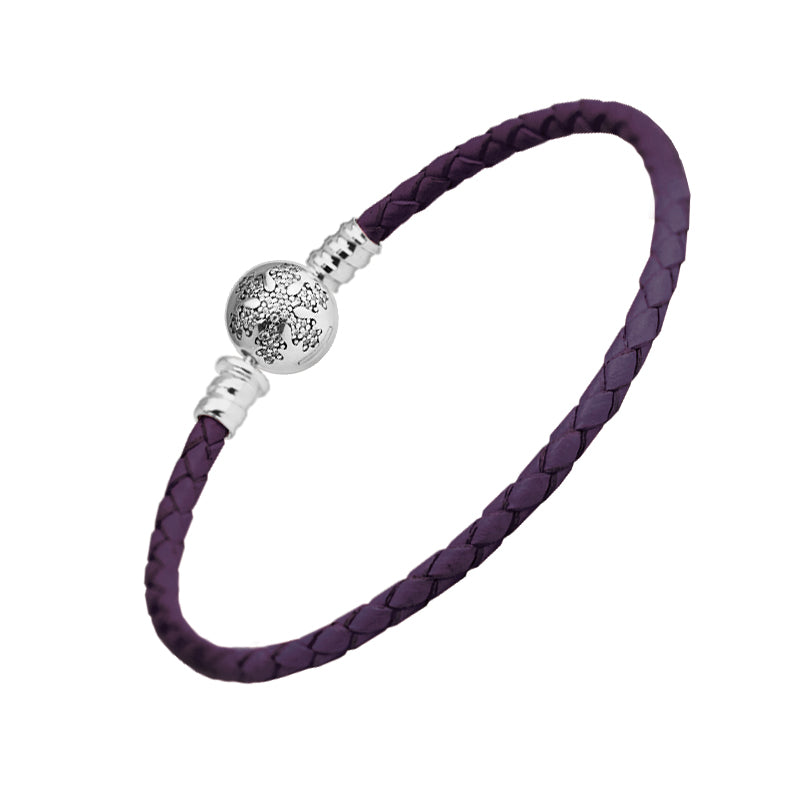 Dark Purple Leather Charm Bracelets with 100% 925 Sterling Silver Unique Snowflake Clasp Charm for Women Men Fine Jewelry PRE617