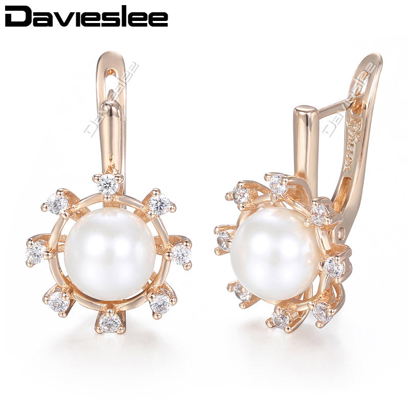Pearl Stud Earrings For Women 585 Rose Gold Filled Clear CZ Womens Earring Fashion Jewelry Gift for Women DGE154