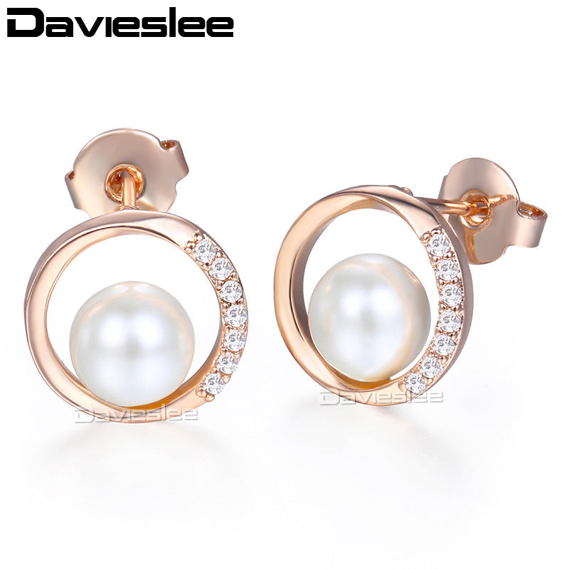 Pearl Stud Earrings For Women 585 Rose Gold Filled Clear CZ Womens Earring Fashion Jewelry Gift for Women DGE154