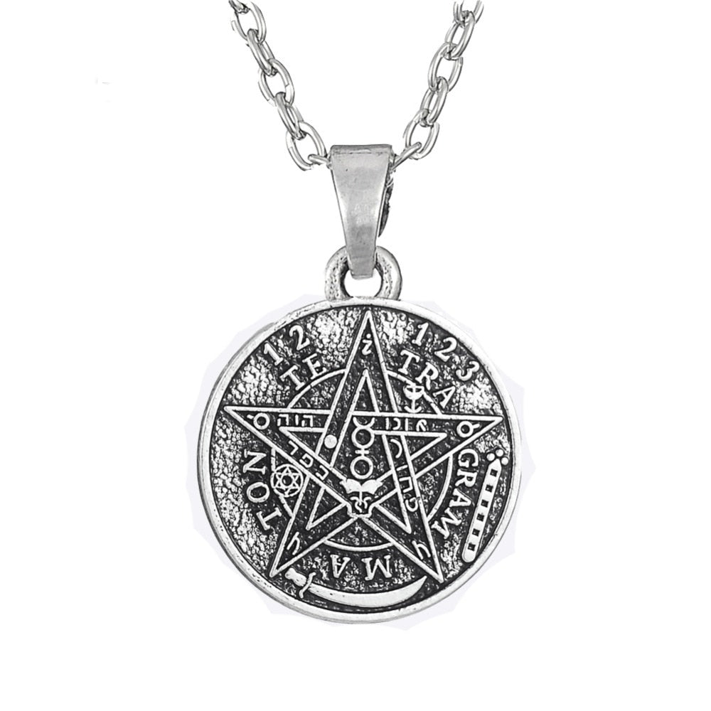 Satan Tetragrammaton Pentagram Pentacle Pendant Necklace Wiccan Pagan Jewelry Antique Silver Link Chain Christmas Gift