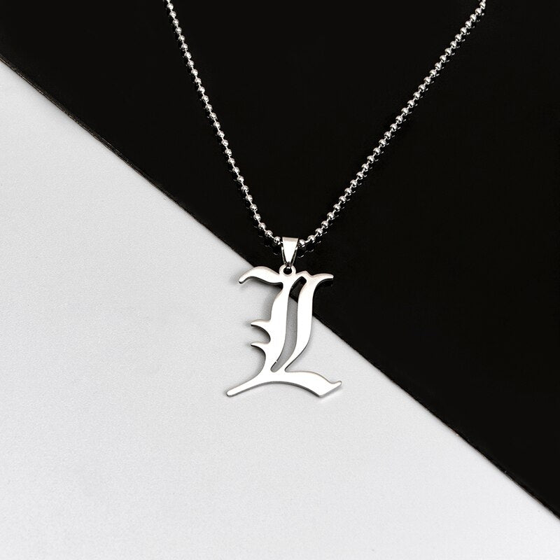 Death Note L Lawliet Necklace Stainless Steel Old English Letter Pendant Beads Chain Necklaces Cosplay Jewelry Movie Accessories