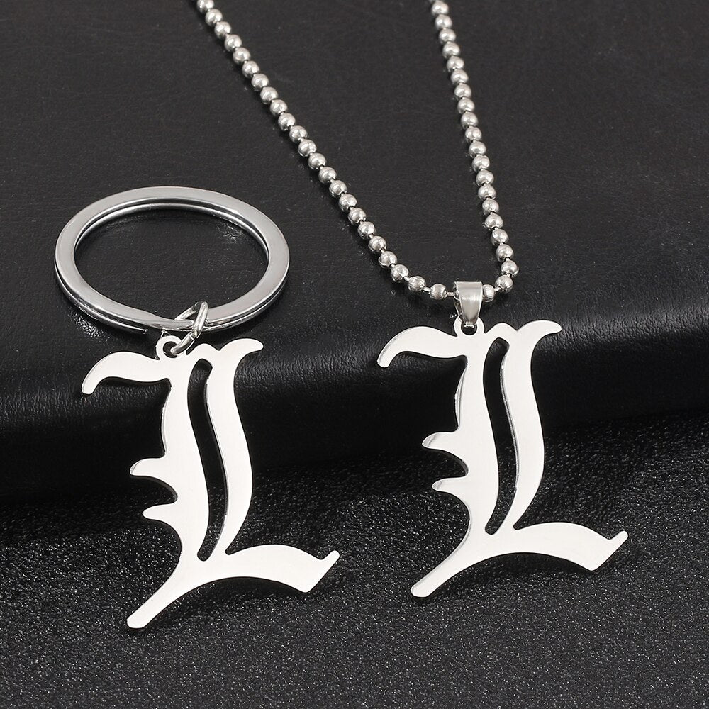 Death Note Punk Style Stainless Steel Pendant Unisex Double L Necklace Ancient English Letter Keychain 50 Cm Round Bead Chain Co