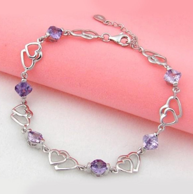 Delicate 925 Stamp Silver Color Crystal Bracelets Heart Chain Women Girls Bracelet Female Wedding Valentines Jewelry Christmas
