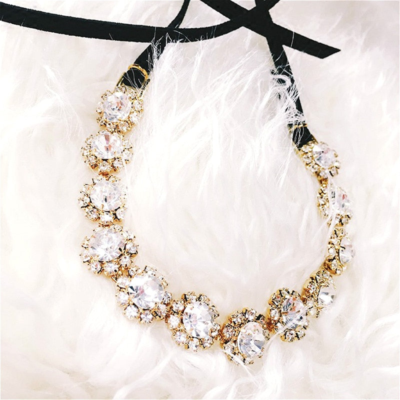 Delicate Crystal Flower Statement Choker Necklace Women Bijoux Fashion Jewelry With Black Ribbon Chain Fine Gift