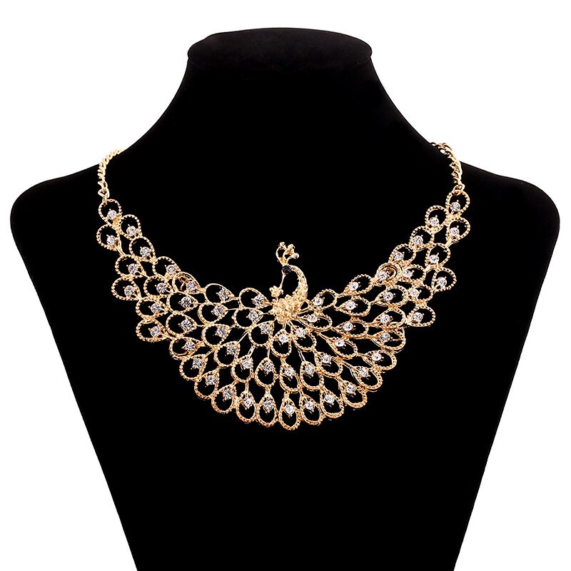 Delicate Peacock with Crystal Indian Statement Choker Necklace Women Vintage Collar African Jewelry Ethnic Crystal Necklaces