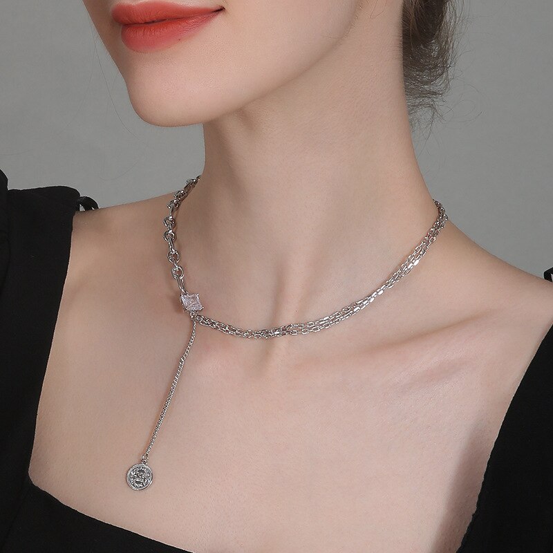 Delicate Stylish Layered Necklace Sparkling Cubic Zirconia Coin Tassel Pendant  Distinctive Personality Temperament