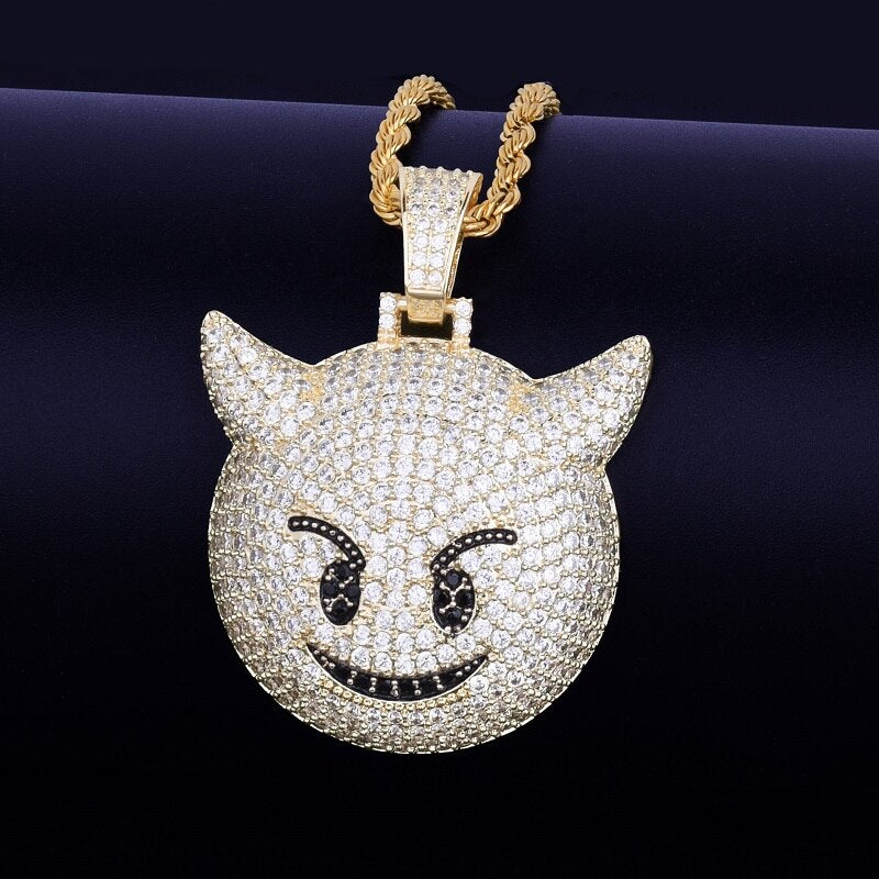 Demon Evil Expression Necklace & Pendant Gold Color Plated Bling Zircon Hip Hop Rock Street Jewelry