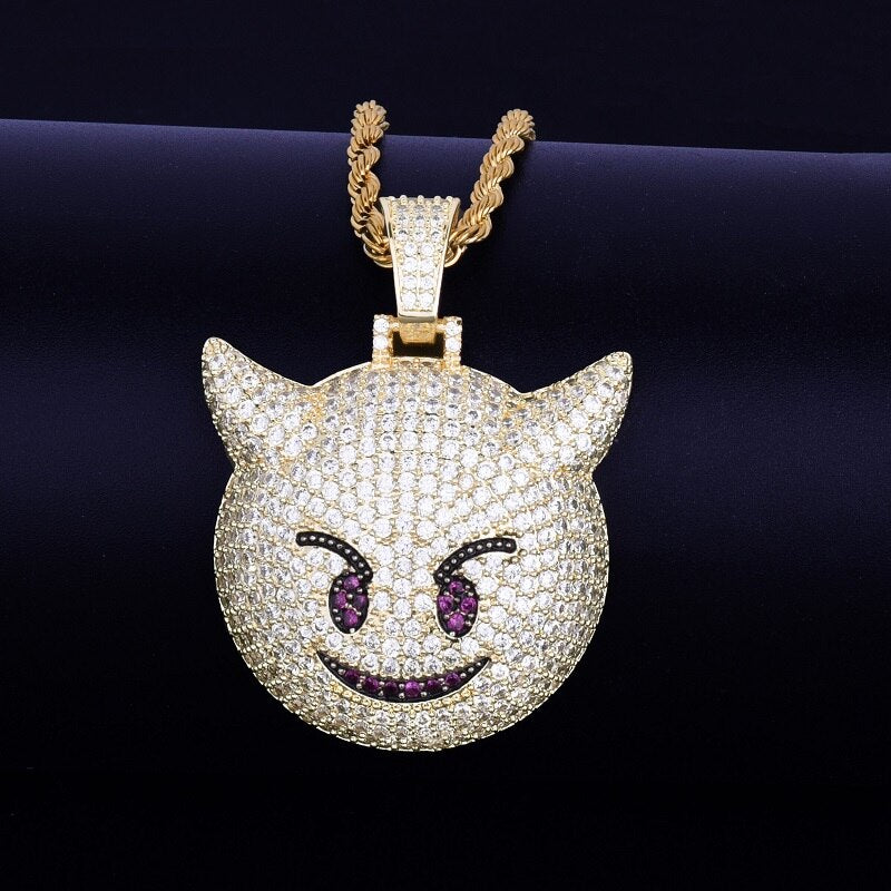 Demon Evil Expression Necklace & Pendant Gold Color Plated Bling Zircon Hip Hop Rock Street Jewelry