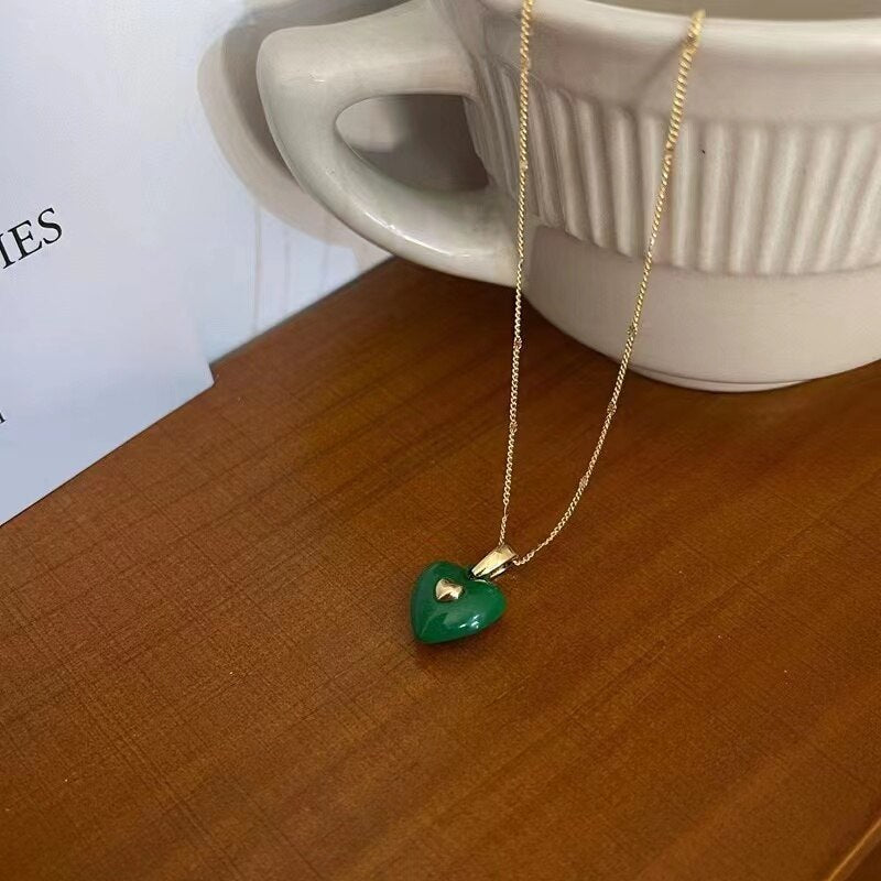 Design Sense Macarone Color Heart Pendant Gold Necklace For Woman’s Korean Sweet Jewelry Girl's Romantic Clavicle Chain