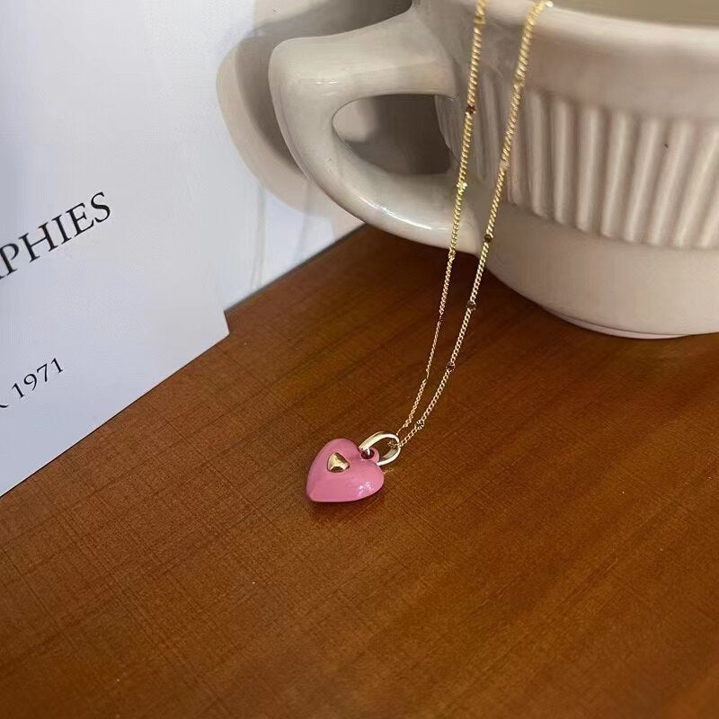 Design Sense Macarone Color Heart Pendant Gold Necklace For Woman’s Korean Sweet Jewelry Girl's Romantic Clavicle Chain