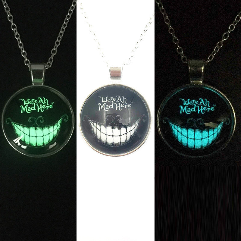 Devil Smile Style Necklace Glass Cabochon Silver Chain Pendant Necklace Glow In Dark Women Men Halloween Fine Jewelry GN04