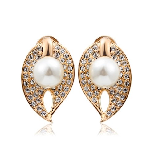 Dew White Faux Pearl On Leaf Cluster Crystals Stud Earrings For Women Gorgeous Party Rose Gold Color Jewellry Bijoux Gift Aros
