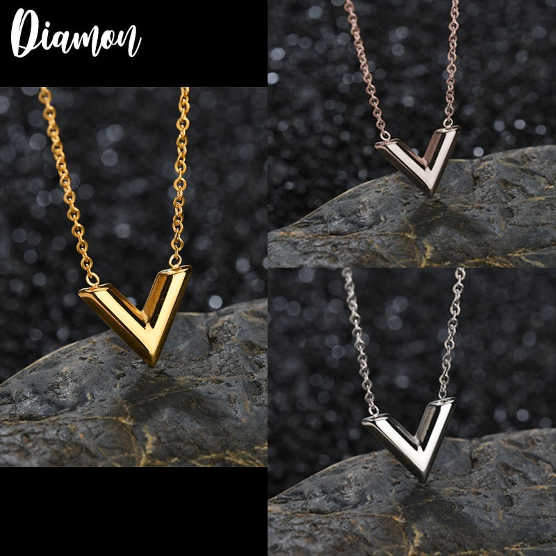 Diamon 2022 Stainless Steel Simple V Necklace For Women Letter Pendant Necklace Ketting Friendship Gifts Female Jewelry