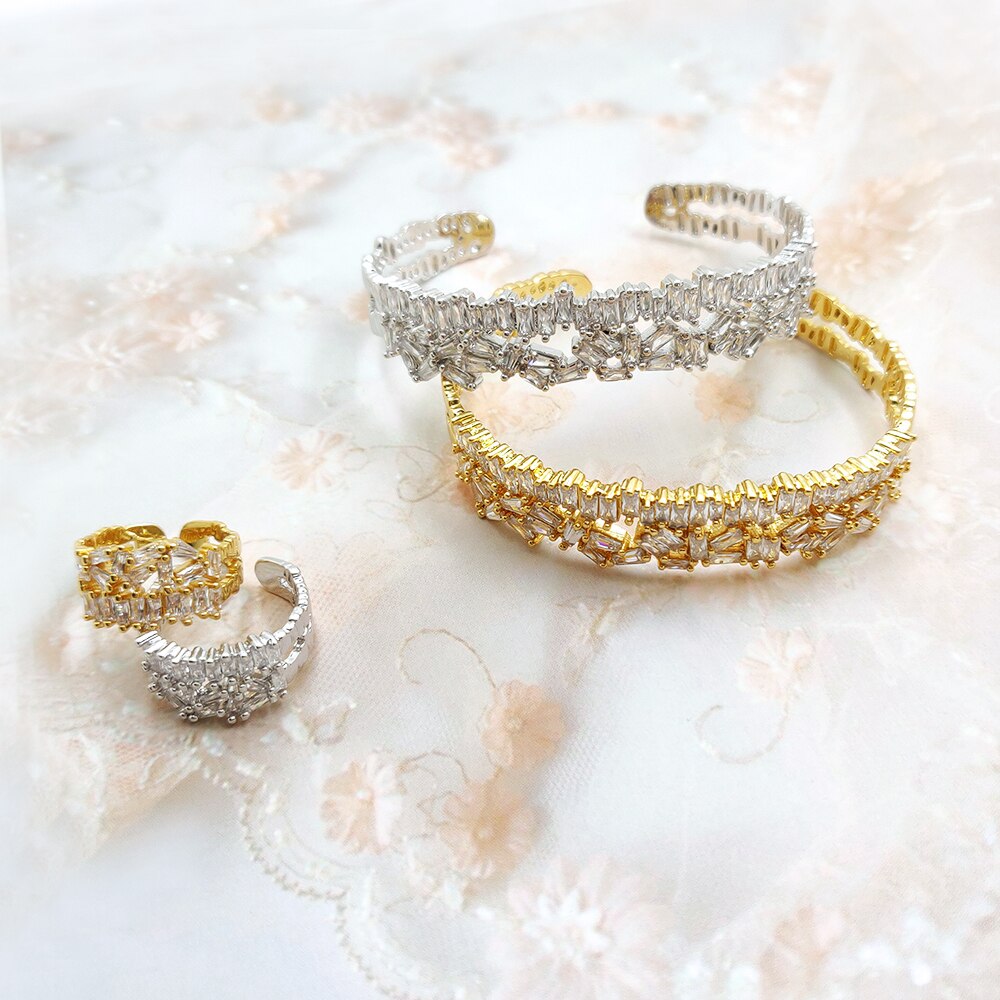 Diamond Bangle Ring Set  zircon Korean style simple personality bracelet color retention adjustable gift for her elegant
