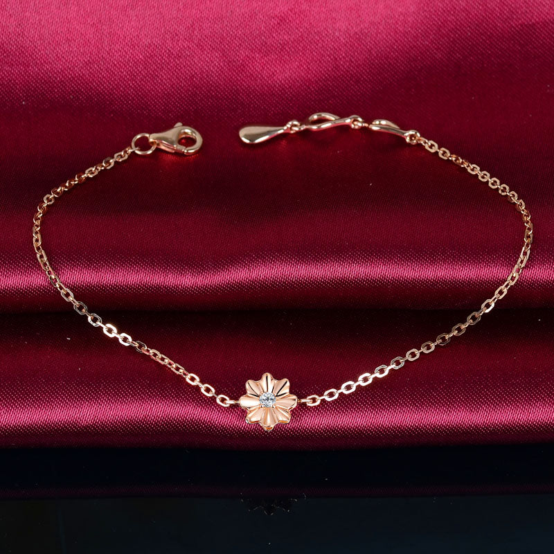 Diamond Bracelet Solid 18K Rose Gold Flower Charm 18cm 0.03ct Diamond Handmade Jewelry for Women Wedding Party