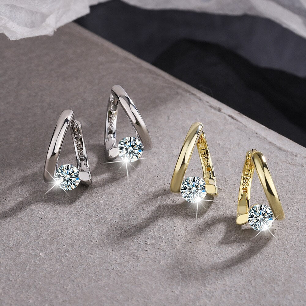Diamond Simple Earrings Women's Gold Crystals Earring Piercing Ear 925 Stamp Silver Color Wedding Party Jewelry