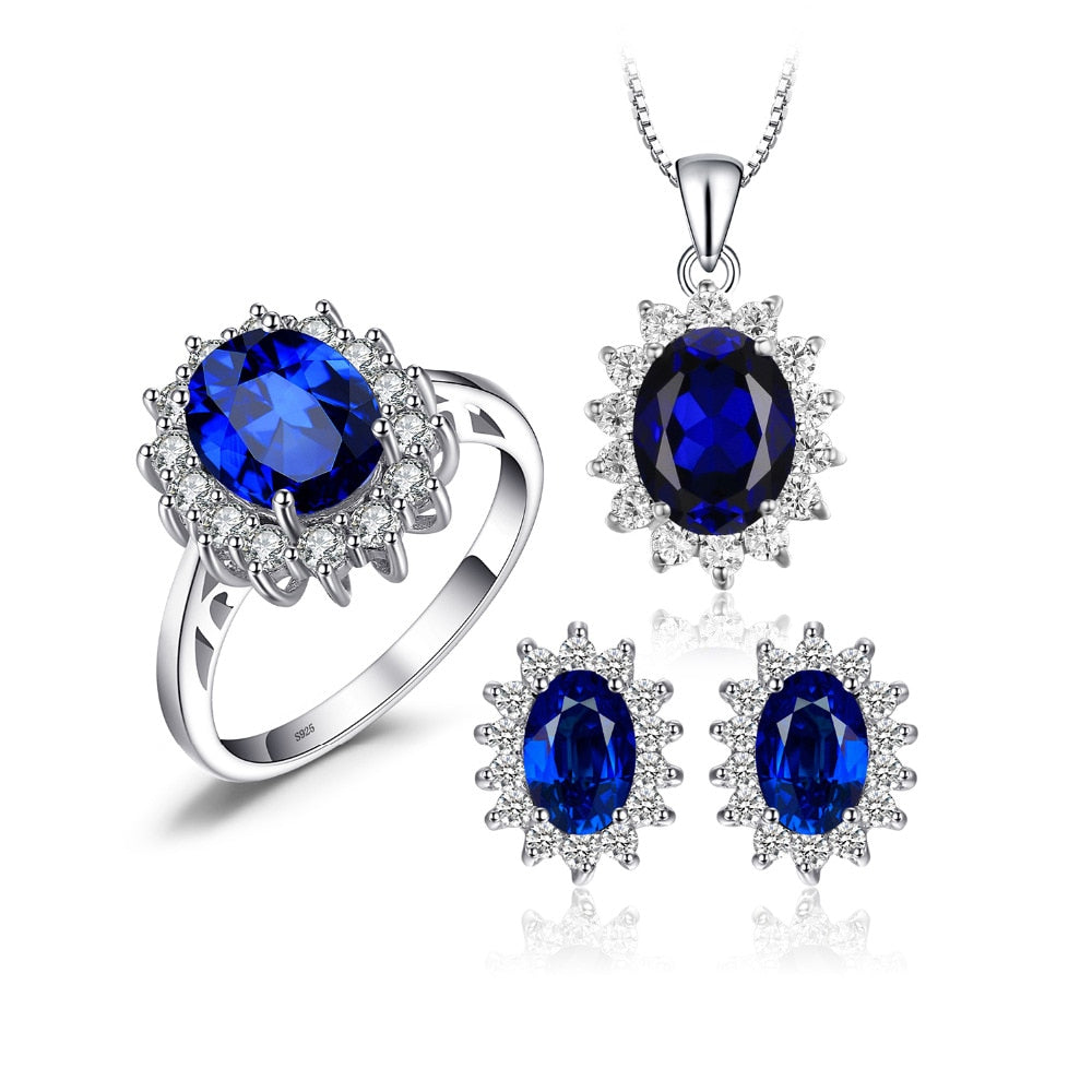 Diana William Engagement Wedding Created Sapphire Jewelry Set 925 Sterling Silver Ring Pendant Stud Earring 45cm Box chain