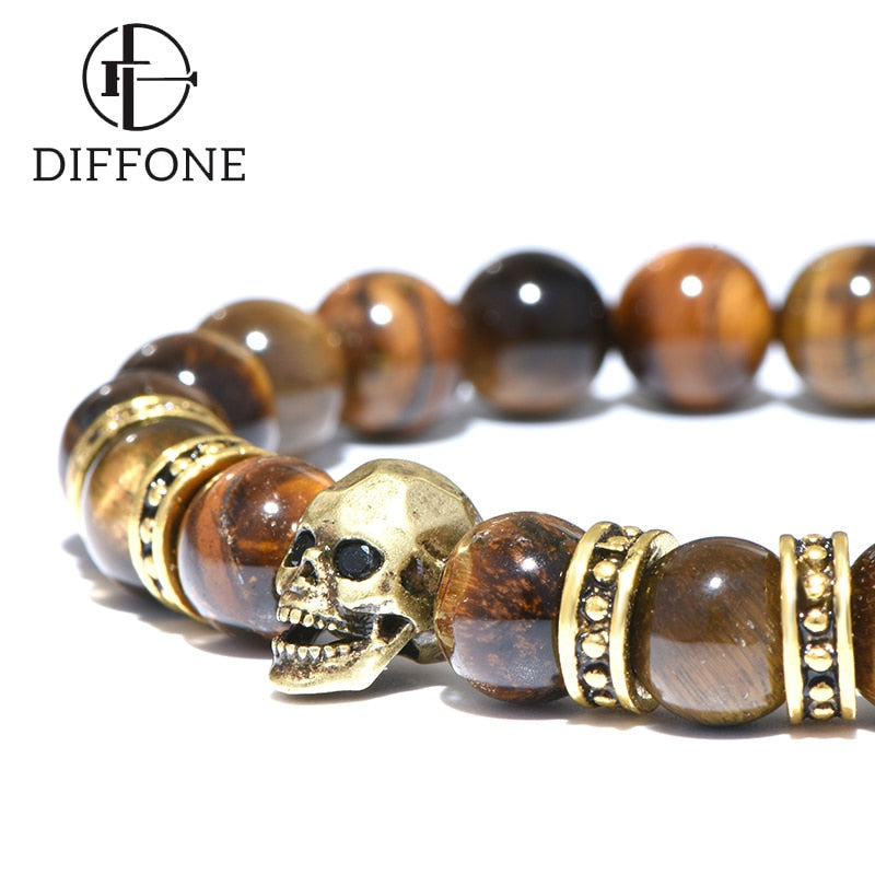 Diffone Mens Natural Stone Bracelet Gothic Skull Braslet Tiger eye Brazalete Beads Accessories For Hombre Viking Braclet Pulsera
