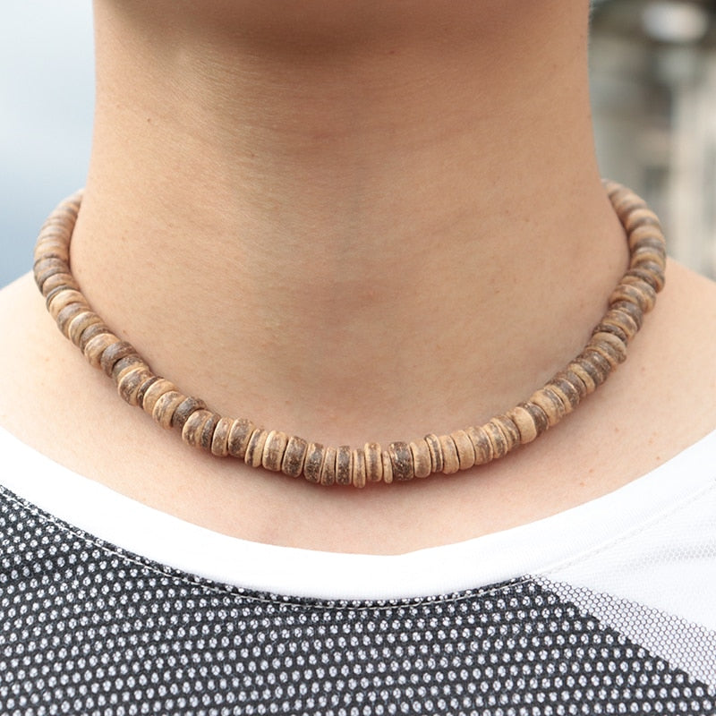 Diffone Natural Wood Necklace Men Minimalist Choker Necklace For Hombre Boy Vintage Coconut Shell Short Necklace Present For Him