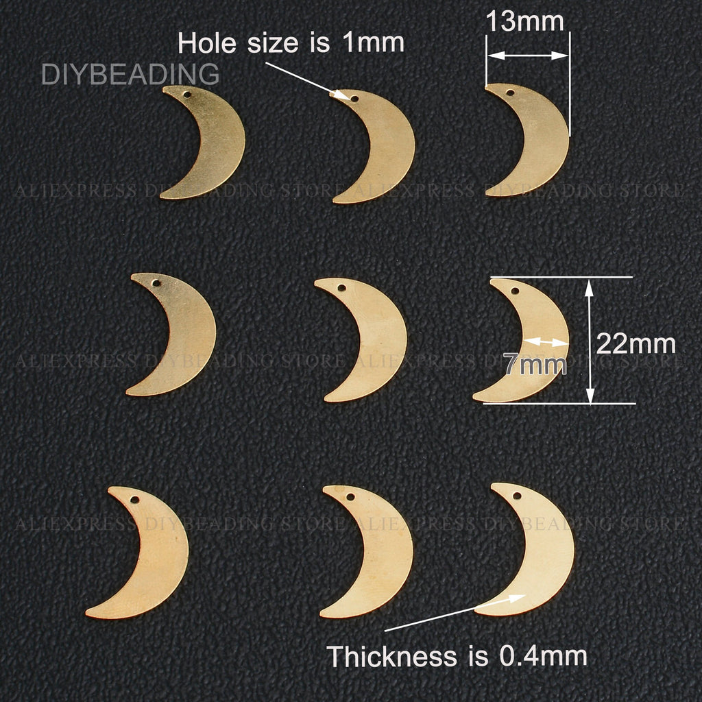 Dijes de media luna de latón, venta al por mayor, forma de media luna, etiqueta para sellar para elaboración de pendientes (22mm), 20-1000 Uds.
