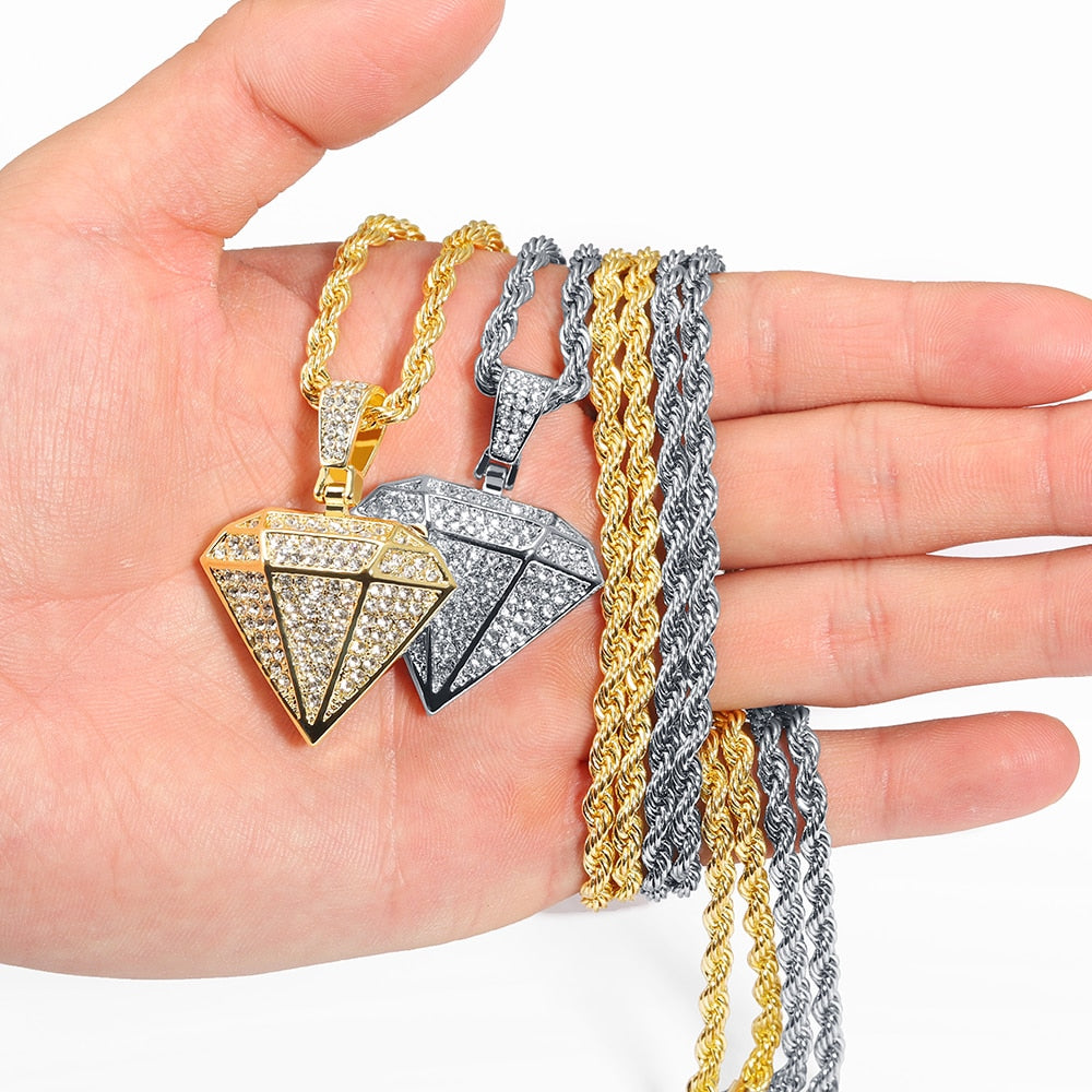 Dimensional Triangle Pendant Sweater Chain Crystal Stone Three Dimensional Shape Of Bling Bling Necklace Hip Hop Necklace