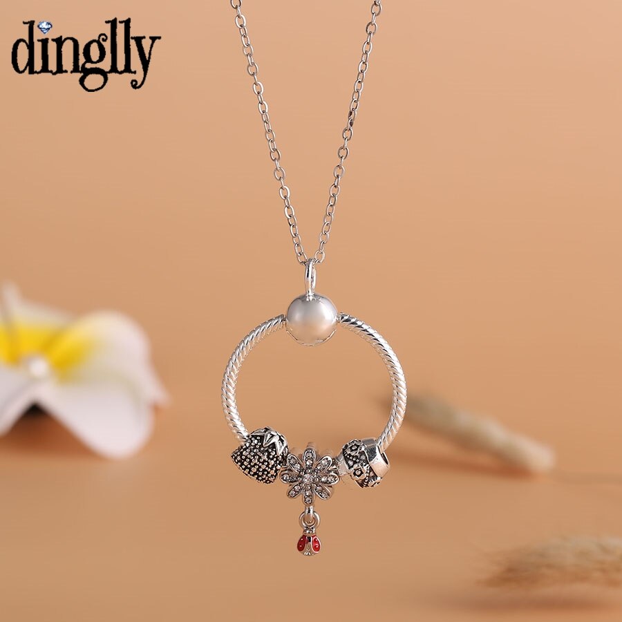 Dinglly Flower Ladybug Pendant Necklace For Women Silver Color Beads Pineapple Charm Necklace Girls Birthday Party Jewelry Gift