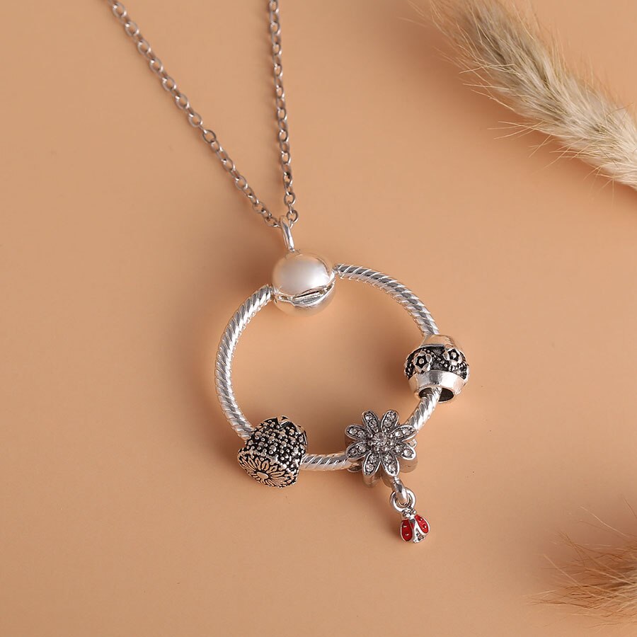 Dinglly Flower Ladybug Pendant Necklace For Women Silver Color Beads Pineapple Charm Necklace Girls Birthday Party Jewelry Gift