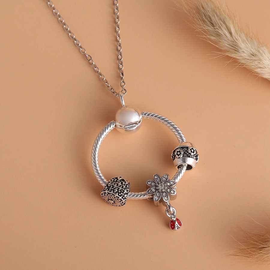 Dinglly Flower Ladybug Pendant Necklace For Women Silver Color Beads Pineapple Charm Necklace Girls Birthday Party Jewelry Gift