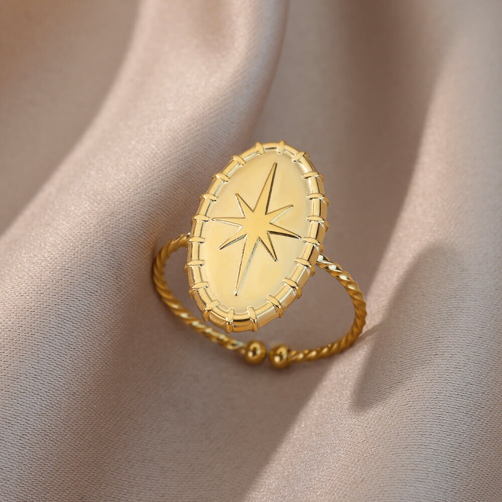 Disc Octagonal Star Rings for Women Men Thin Open Adjustable Stainless Steel Ring Gold Plated Aesthetic Jewerly anillos mujer