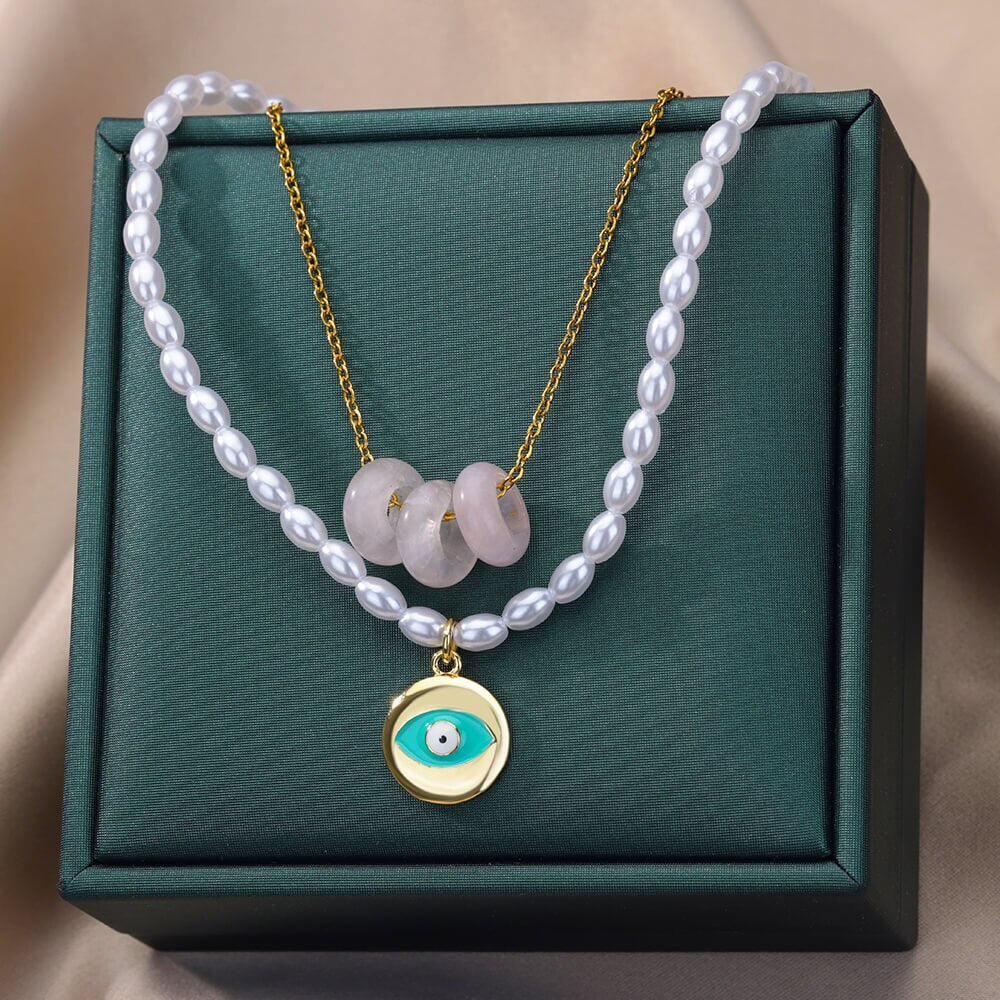 Doble Berlapis Biru Mata Jahat Kalung UNTUK WANITA Baja Nirkarat Mutiara Imitasi Rantai Kalung Antik Beruntung Estetika Perhiasan