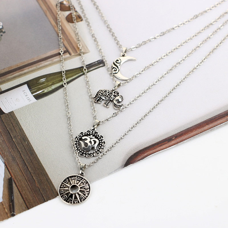 Docona Bohemian Necklace Moon Elephant Ancient Pendent Silver Color Long Alloy Chain Choker Statement Necklace Collar Femme 4498