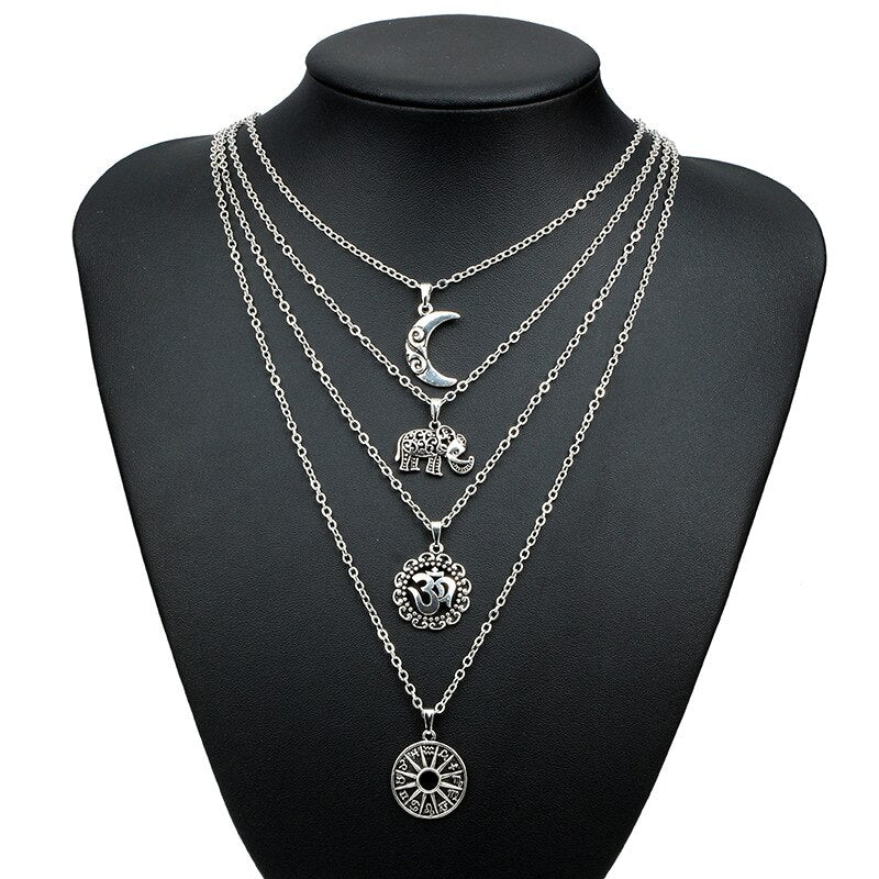 Docona Bohemian Necklace Moon Elephant Ancient Pendent Silver Color Long Alloy Chain Choker Statement Necklace Collar Femme 4498
