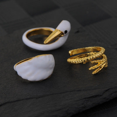 New Design White Swan Animal Ring Sets Opening Unique Gold Color Knuckle Joint Ring for Women Statement Jewelry 5196