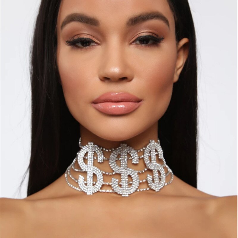 Dollar Sign Shining Letter Choker Hairpins Crystal Rhinestone Choker Women Gold Sliver Necklace Hip Hop Gothic Collier Femme