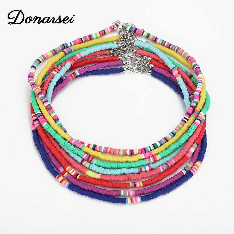 Donarsei 2021 4mm Clay Choker Necklace For Women Beach Bohemian Handmade Adjustable Colorful Soft Pottery Necklace