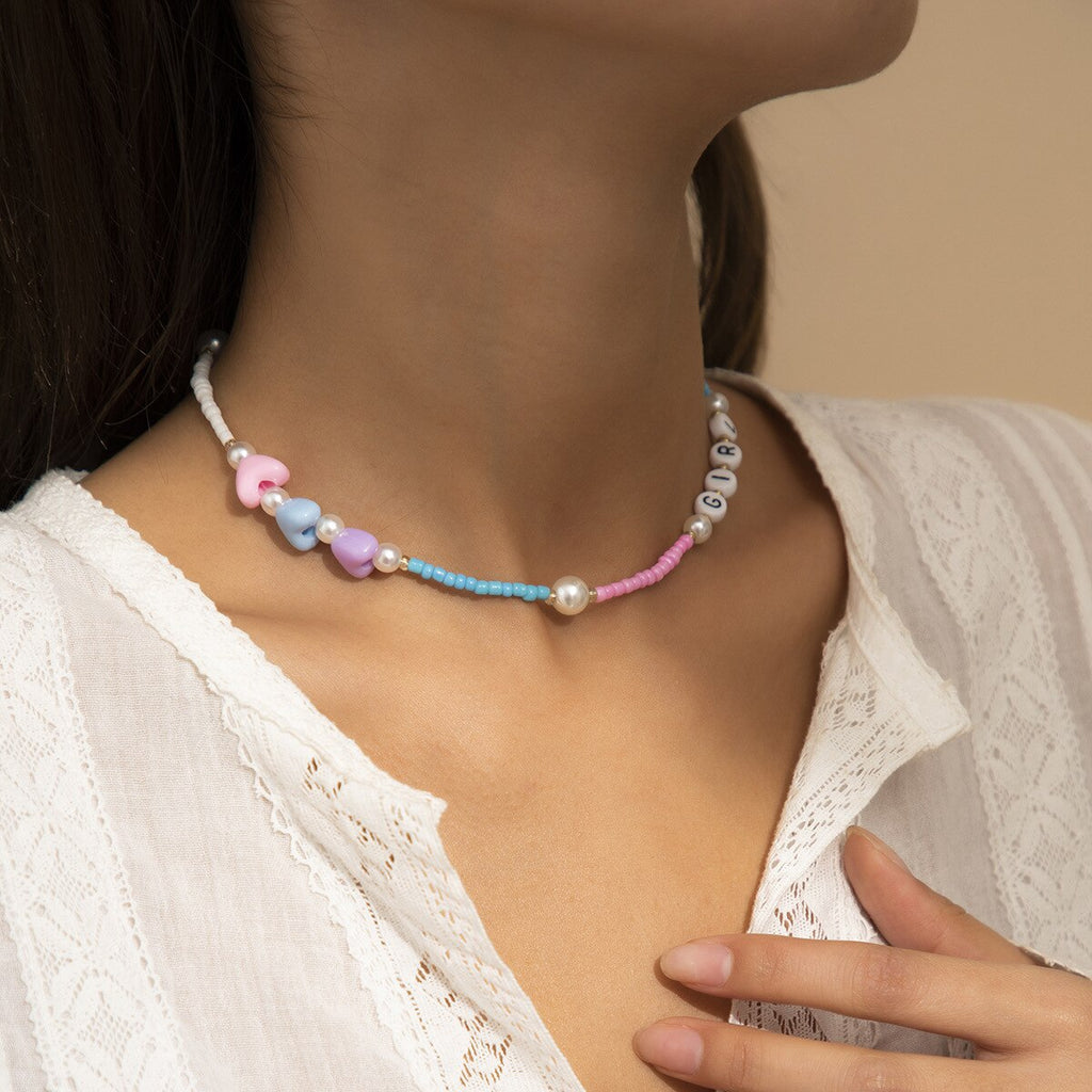 Donarsei 2022 Smiley Face Chokers Necklace For Women Bohemia Colorful Beaded Letter Clavicle Chain Party