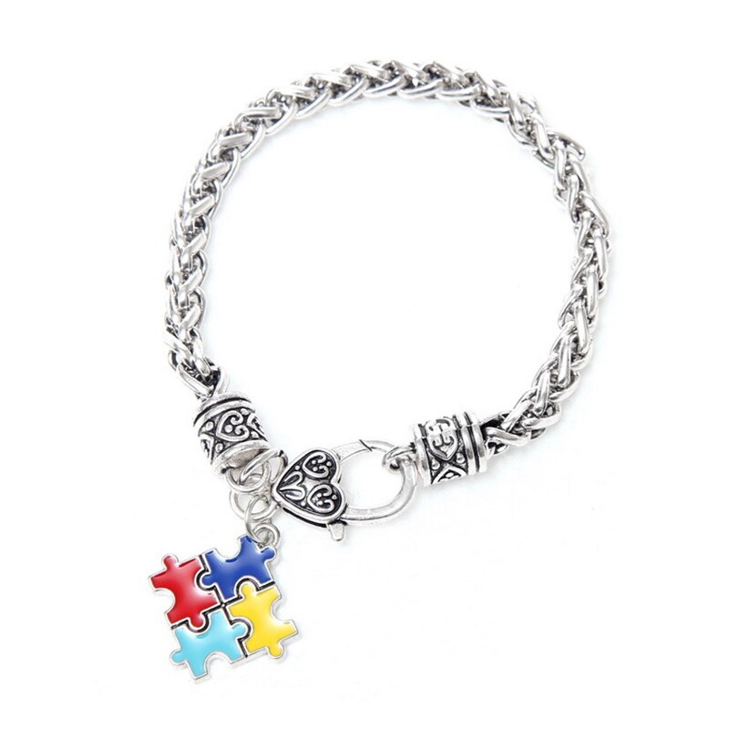 DoreenBeads Autism Awareness Children Kids Necklace Silver Color Link Chain Heart Jigsaw Puzzle Piece Enamel Warm Gift Accessory